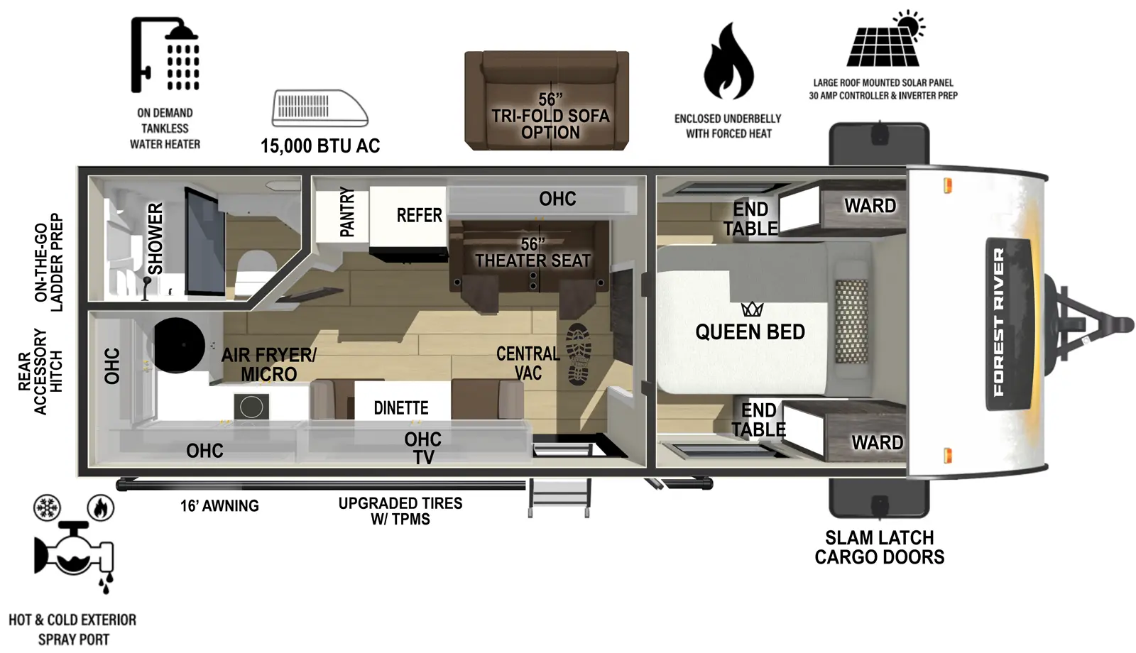 The r-pod RP-205 floorplan has one entry and zero slide outs. Exterior features include: fiberglass exterior and 12' awning. Interiors features include: front bedroom.